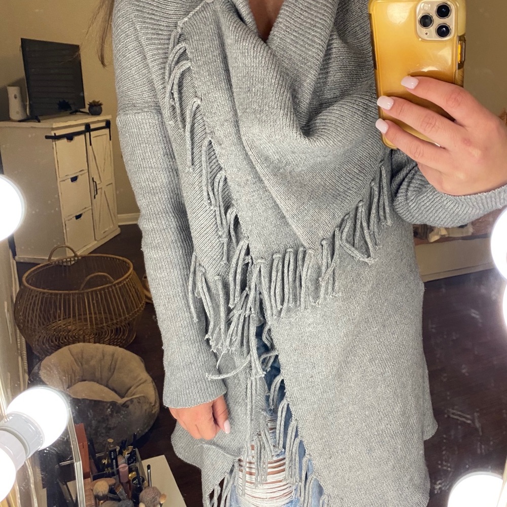 Sold-Grey Fringe Wrap Sweater